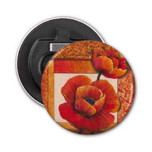 Poppy Flowers op Tan en Oranje achtergrond Button Flesopener (Voorkant)