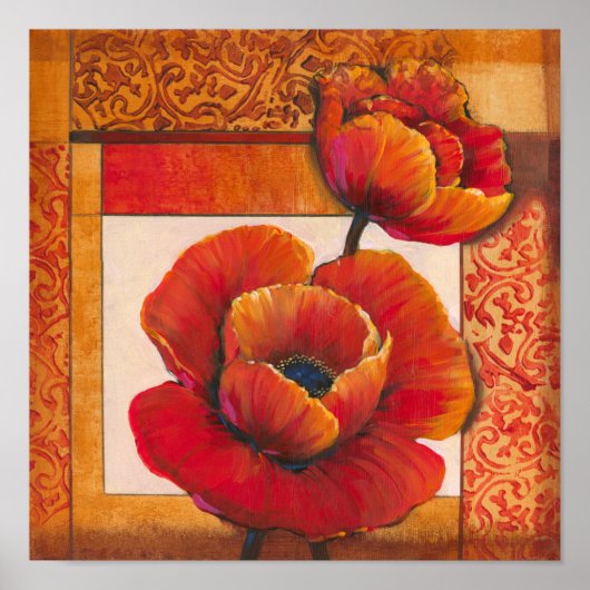 Poppy Flowers op Tan en Oranje achtergrond Poster (Voorkant)
