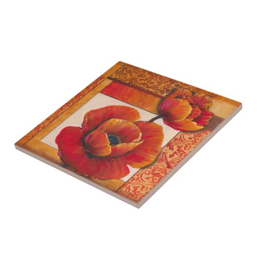 Poppy Flowers op Tan en Oranje achtergrond Tegeltje (Zijkant)
