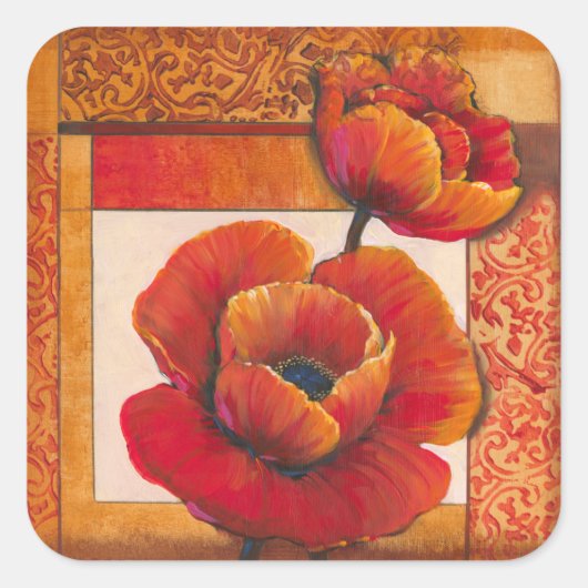 Poppy Flowers op Tan en Oranje achtergrond Vierkante Sticker (Voorkant)