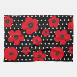 Poppy Flowers op zwarte en witte vlekken Theedoek