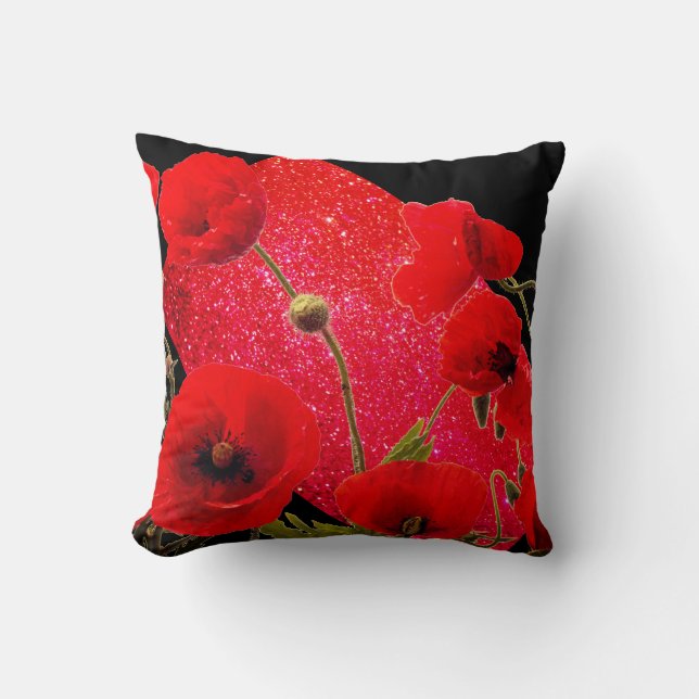 Poppy Flowers Red Glitter Sparkle Black Kleurrijk Kussen (Voorkant)