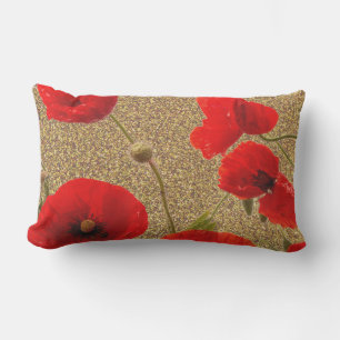 Poppy Flowers Red Gold Glitter Golden Rustic Buitenkussen