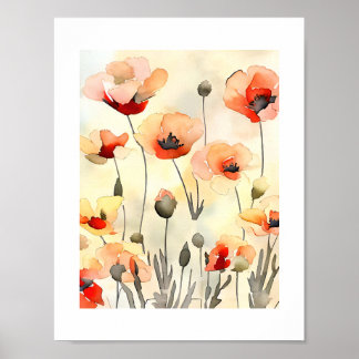 Poppy Flowers Waterverf minimalistisch schilderij Poster