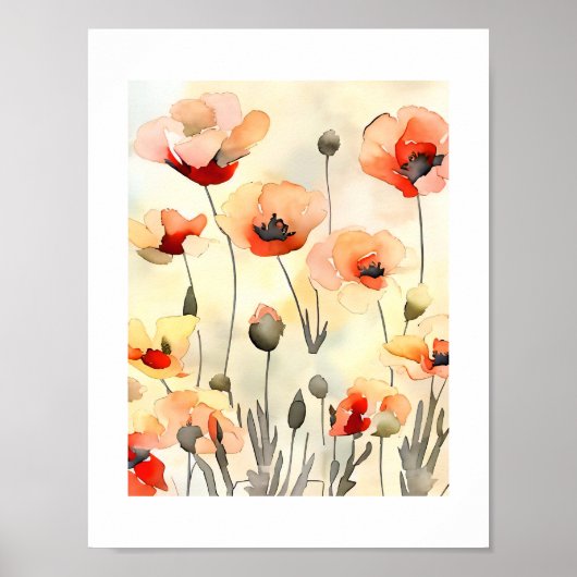 Poppy Flowers Waterverf minimalistisch schilderij Poster (Voorkant)
