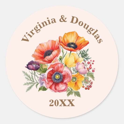 Poppy Flowers Wedding Invitation Envelope Seal Ronde Sticker (Voorkant)
