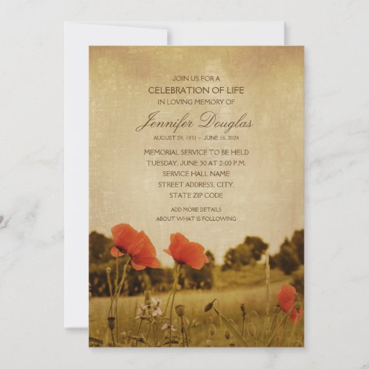 Poppy Funeral Announements Memorial Cards Kaart (Voorkant)