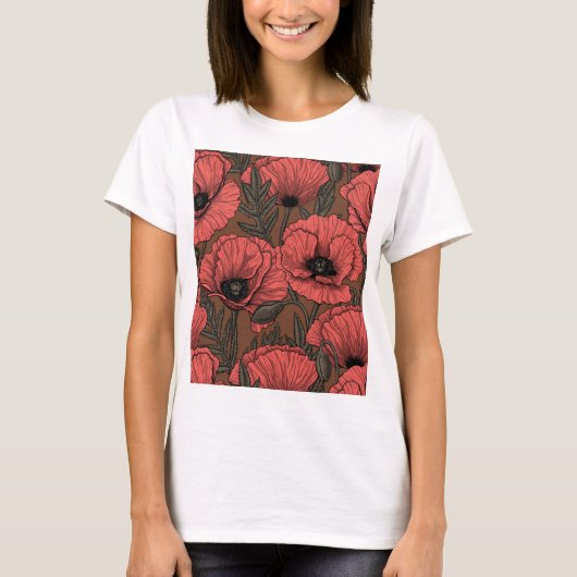 Poppy garden in coral and brown t-shirt (Voorkant)