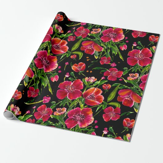 Poppy Garden op zwart Cadeaupapier (Uitgerold)