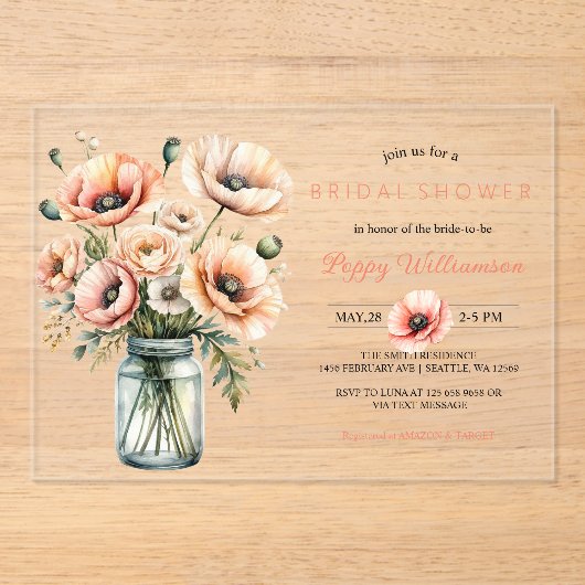 POPPY Mason Jar Bridal Shower Invitation  Acryl Uitnodigingen (Voorkant)