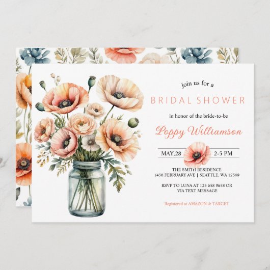 POPPY Mason Jar Bruids Douche Uitnodiging (Voorkant / Achterkant)