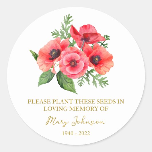 Poppy Memorial Funeral Seed Packet Ronde Sticker (Voorkant)