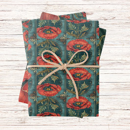 Poppy met Groen  Art Deco Lijst Inpakpapier Vel