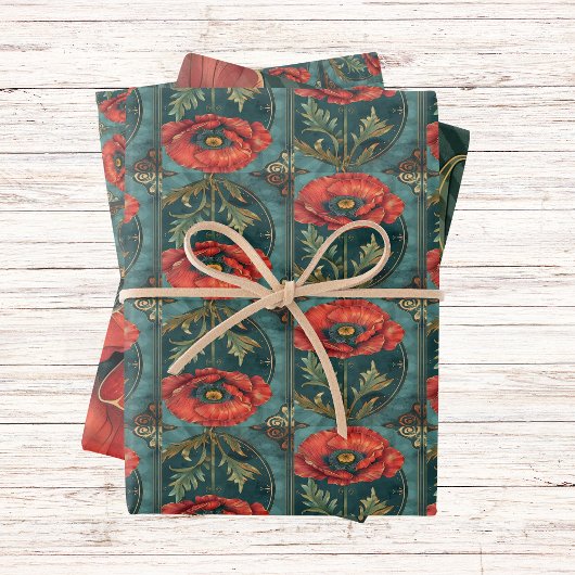Poppy met Groen  Art Deco Lijst Inpakpapier Vel
