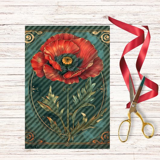 Poppy met Groen  Art Deco Lijst Inpakpapier Vel