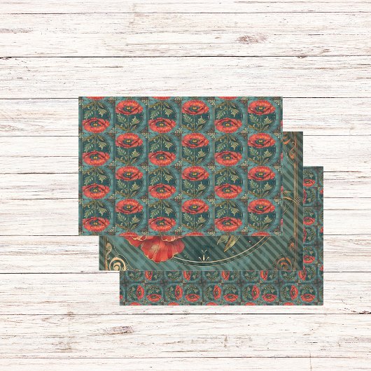 Poppy met Groen  Art Deco Lijst Inpakpapier Vel