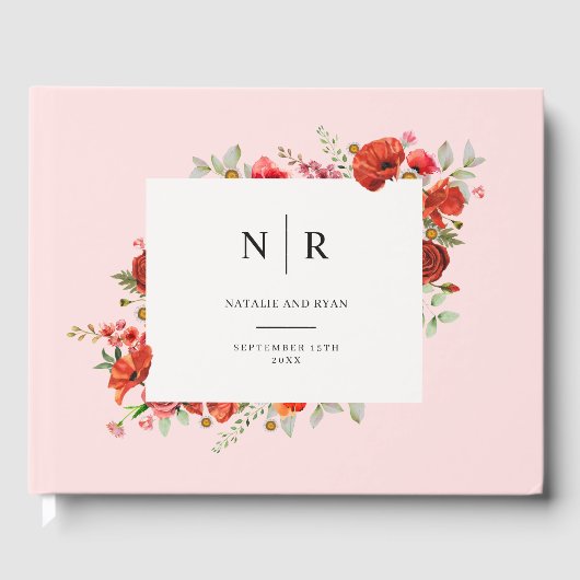Poppy Monogram Roze Bruiloft Gastenboek (Voorkant)