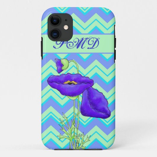 Poppy Monogram Turquoise & Green Chevron ZizZag Case-Mate iPhone Case (Achterkant)