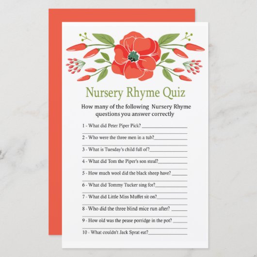 Poppy Nursery Rhyme Quiz baby shower game (Voorkant / Achterkant)
