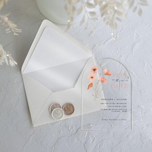 Poppy Oranje Flower Wedding Sla de datum op Acryl Uitnodigingen