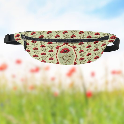 Poppy Pattern Red Sage Green with Floral Medallion Heuptasje