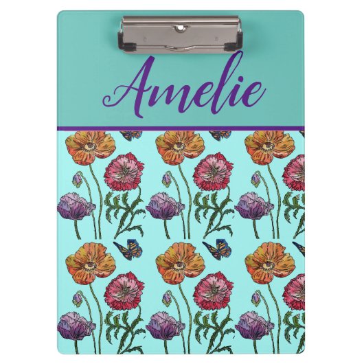 Poppy Poppies Red Shabby Chic Aqua Floral Flowers Klembord (Voorkant)
