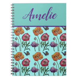 Poppy Poppies Red Shabby Chic Aqua Floral Flowers Notitieboek
