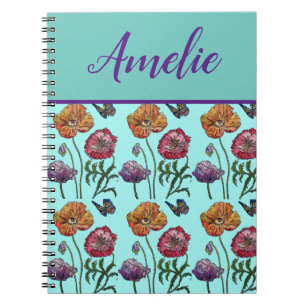Poppy Poppies Red Shabby Chic Aqua Floral Flowers Notitieboek