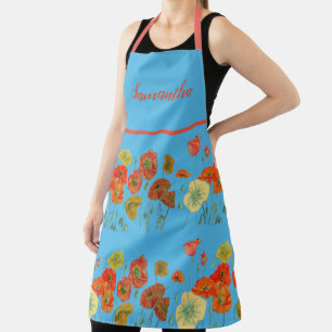 Poppy Poppies Red Waterverf Blue Floral Apron Schort
