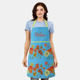 Poppy Poppies Red Waterverf Blue Floral Apron Schort