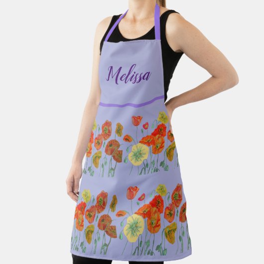 Poppy Poppies Red Waterverf Lila Floral Apron Schort (Insitu)