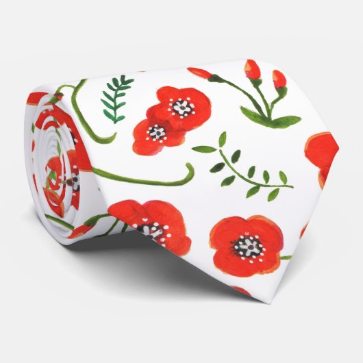 Poppy red floral bruiloft stropdas (Opgerold)