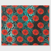 Poppy Red Flower Black Glam Strepen Blauwgroen Cadeaupapier (Vlak)