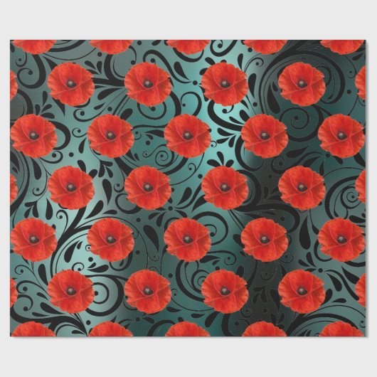Poppy Red Flower Black Glam Strepen Blauwgroen Cadeaupapier (Vlak)