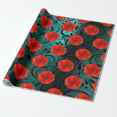 Poppy Red Flower Black Glam Strepen Blauwgroen Cadeaupapier (Uitgerold)