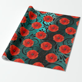 Poppy Red Flower Black Glam Strepen Blauwgroen Cadeaupapier