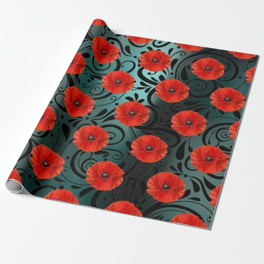 Poppy Red Flower Black Glam Strepen Blauwgroen Cadeaupapier (Uitgerold)