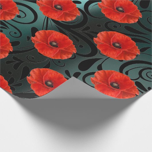 Poppy Red Flower Black Glam Strepen Blauwgroen Cadeaupapier (Hoek)