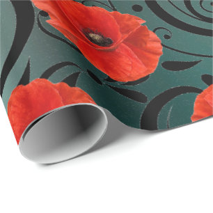 Poppy Red Flower Black Glam Strepen Blauwgroen Cadeaupapier