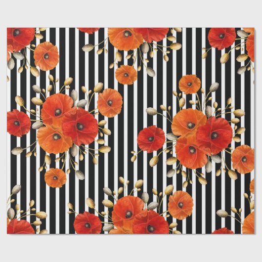 Poppy Red Flower Black White Glam Stripes Glam VIP Cadeaupapier (Vlak)