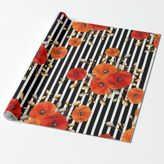Poppy Red Flower Black White Glam Stripes Glam VIP Cadeaupapier (Uitgerold)