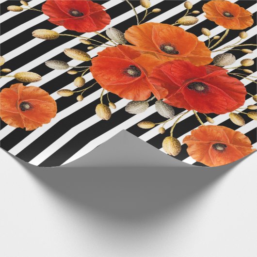 Poppy Red Flower Black White Glam Stripes Glam VIP Cadeaupapier (Hoek)