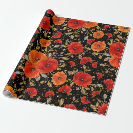 Poppy Red Flower Glam Black Gold Confetti Cadeaupapier