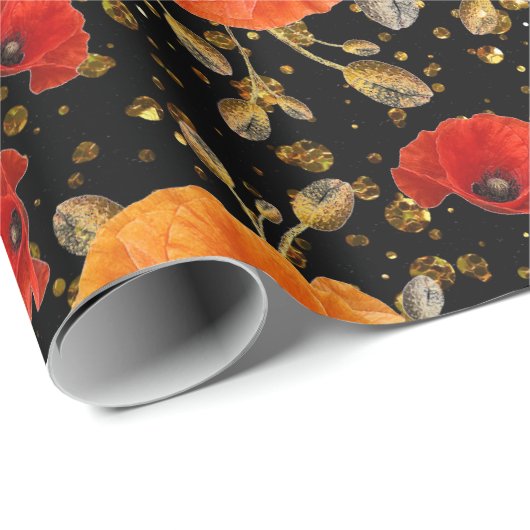 Poppy Red Flower Glam Black Gold Confetti Cadeaupapier (Rol Hoek)