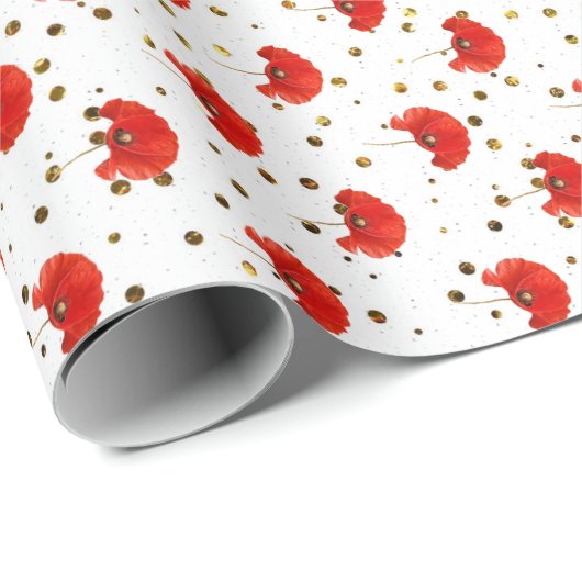 Poppy Red Flower Wit Goud Confetti Glitter Cadeaupapier (Rol Hoek)