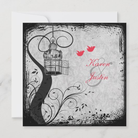 Poppy Red, Grey Birdcage Lovebird Wedding Invite Kaart (Voorkant)