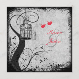 Poppy Red, Grey Birdcage Lovebird Wedding Invite Kaart