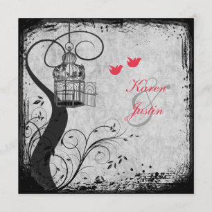 Poppy Red, Grey Birdcage Lovebird Wedding Invite Kaart