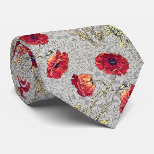 Poppy Red Grey Botanical Dolily | Stropdas (Opgerold)