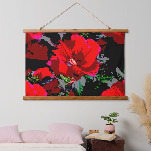 Poppy Red Retro Floral Design Hangend Wandkleed (Slaapkamer)